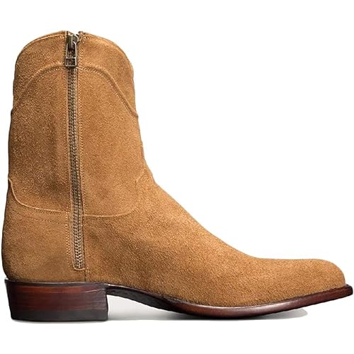 DJFOG Herren Biker Ritterstiefel Wildleder Kurze Stiefel Runde Zehen Reitschuhe Vintage Western Cowboy Stil Große Schuhe mit seitlichem Reißverschluss,Khaki,44 EU von DJFOG