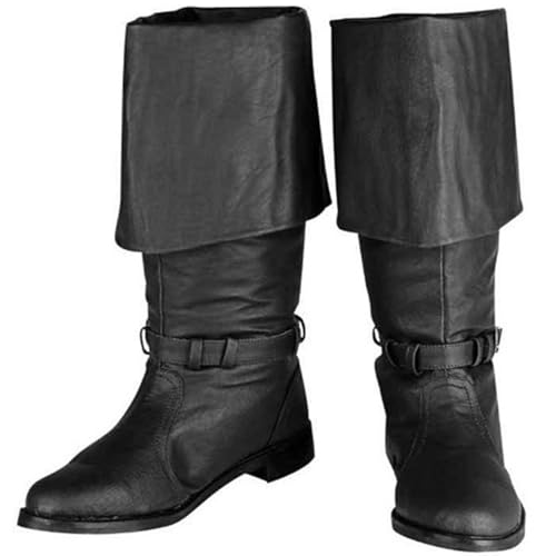 DJFOG Herren Mittelalterliche Ritterstiefel Vintage Ritter Pirat Hohe Stiefel PU-Leder Cowboystiefel, Halloween Cosplay Kostümzubehör,Schwarz,43 EU von DJFOG