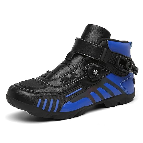 DJFOG Herren Motorradschuhe Schwarz Motocross Kurze Stiefeletten Wasserdichtes Leder, Motorrad-Offroad-Schuhe Rennsportstiefel,Blau,37 EU von DJFOG