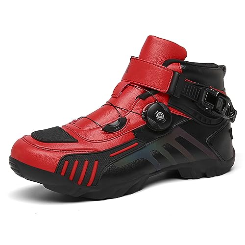 DJFOG Herren Motorradschuhe Schwarz Motocross Kurze Stiefeletten Wasserdichtes Leder, Motorrad-Offroad-Schuhe Rennsportstiefel,Rot,38 EU von DJFOG