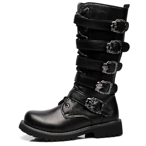 DJFOG Herren-Punk-Rock-Motorradstiefel, Retro-Metallschnalle, mittelhohe Stiefel, Schnürstiefel, Militärstiefel, Schnürung, weiches Kunstleder, starke Außensohle,Schwarz,43 EU von DJFOG