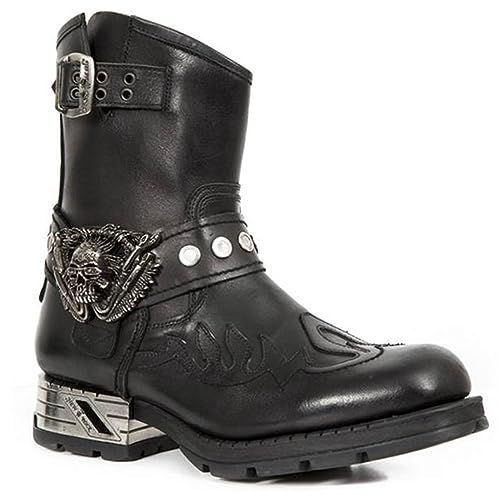 rackbone DJFOG Herren-Ritterstiefel, Biker-Stiefel, kurze Reitstiefel, mittelalterliche PU-Leder-Steampunk-Stiefel mit Totenkopf-Dekoration – Vintage-Stickerei, Western-Cowboy-Stiefel,Schwarz,40 EU von DJFOG