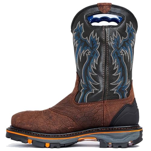 DJFOG Herren-Western-Cowboystiefel aus Leder mit quadratischer Zehenpartie, mittelhoher, lässiger Arbeitsstiefel, bestickter Country-Stiefel aus Leder, moderne, traditionell bestickte,Braun,41 EU von DJFOG