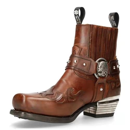 DJFOG Herren Western Stiefeletten Schnallenriemen Stiefel Retro Leder Square Toe Cowboy Kurze Stiefel Cowboy Motorradstiefel,Braun,42 EU von DJFOG