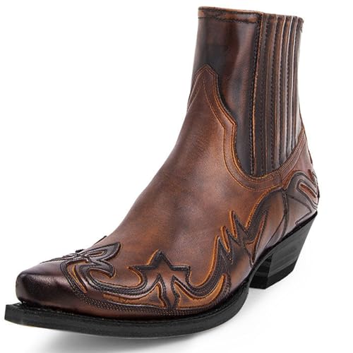 DJFOG Herren Western Stiefeletten Schnallenriemen Stiefel Retro Leder Square Toe Cowboy Kurze Stiefel Cowboy Motorradstiefel,Braun,42 EU von DJFOG