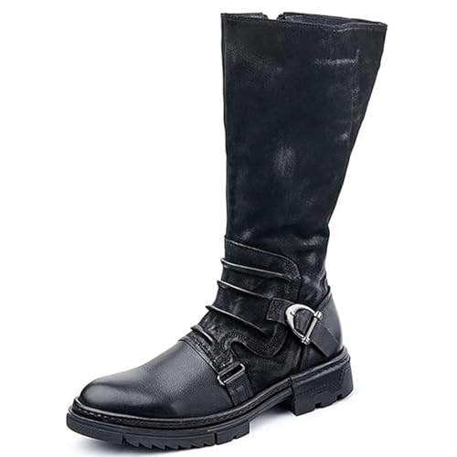 DJFOG Kniehohe Herrenstiefel, mittelalterliche Lederschuhe, Gothic-Retro-Reitstiefel mit Metallschnalle, Ritter- und Krieger-Schuhe in Mehreren Größen,Schwarz,46 EU von DJFOG