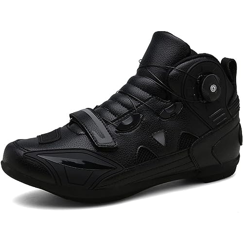 DJFOG Motorradstiefel Herren, verstärkte rutschfeste Straßen-Motorrad-Reitschuhe, Leder-Motorrad-Sneaker mit Drehschnalle,Schwarz,45 EU von DJFOG