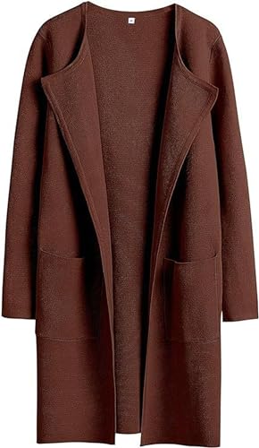 DJFOG Neue Stil Revers Classy Coatigan, Frauen Open Front Wolle Strickjacke Jacke, Gemütliche Revers Casual Solid Pullover Jacke, dunkelbraun, 46 von DJFOG