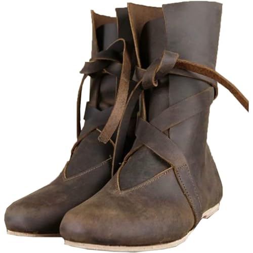 Mittelalterliche Ritterstiefel aus PU-Leder, Renaissance, mittelalterliche Cosplay-Stiefel, Vintage-Stiefel für Herren und Damen, Schnürschuhe mit flachem Boden,Braun,40 EU von DJFOG