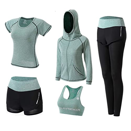 DJKTTMKW Sport Set Damen Trainingsanzug Jogginganzug Set 5 Stück Sportanzug Yoga kleidung Sport Outfit Fitness Sportkleidung Anzug Gym Set (Grün A, M) von DJKTTMKW