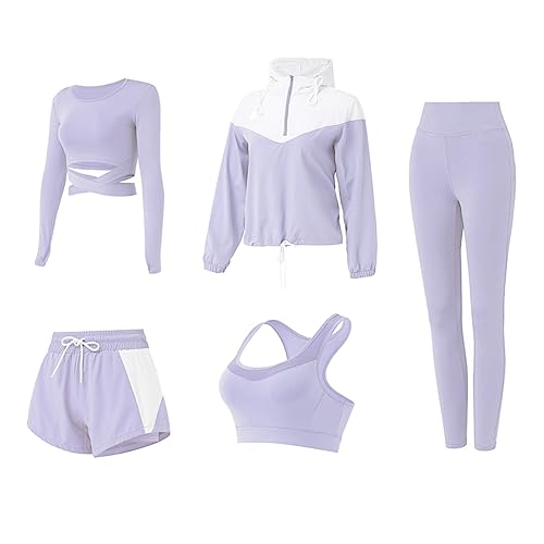 DJKTTMKW Sport Set Damen Trainingsanzug Jogginganzug Set 5 Stück Sportanzug Yoga kleidung Sport Outfit Fitness Sportkleidung Anzug Gym Set (Lila, M) von DJKTTMKW