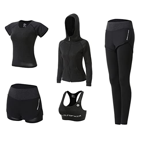 DJKTTMKW Sport Set Damen Trainingsanzug Jogginganzug Set 5 Stück Sportanzug Yoga kleidung Sport Outfit Fitness Sportkleidung Anzug Gym Set (Schwarz A, L) von DJKTTMKW