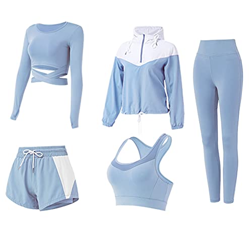 DJKTTMKW Trainingsanzug Damen Jogginganzug Set 5 Stück Sport Set Fitness Yoga Kleidung Sportanzug Sportkleidung Frauen Set (Blau, M) von DJKTTMKW