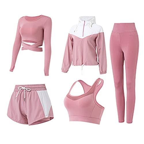 DJKTTMKW Trainingsanzug Damen Jogginganzug Set 5 Stück Sport Set Fitness Yoga Kleidung Sportanzug Sportkleidung Frauen Set (Rosa, XL) von DJKTTMKW