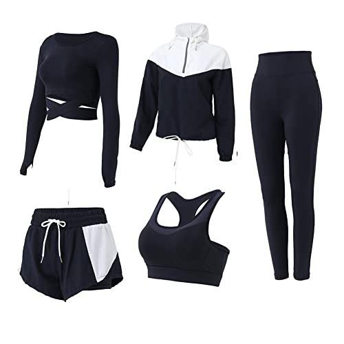 DJKTTMKW Trainingsanzug Damen Jogginganzug Set 5 Stück Sport Set Fitness Yoga Kleidung Sportanzug Sportkleidung Frauen Set (Schwarz, S) von DJKTTMKW