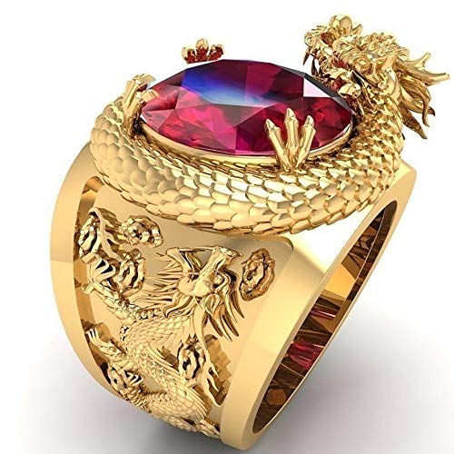 DJMJHG Luxus Gold Farbe Drachen Muster Männer Ringe Intarsien Großen Ovalen Roten Stein Hochzeit Fingerringe Männlichen Trendy Schmuck 7 Rot von DJMJHG