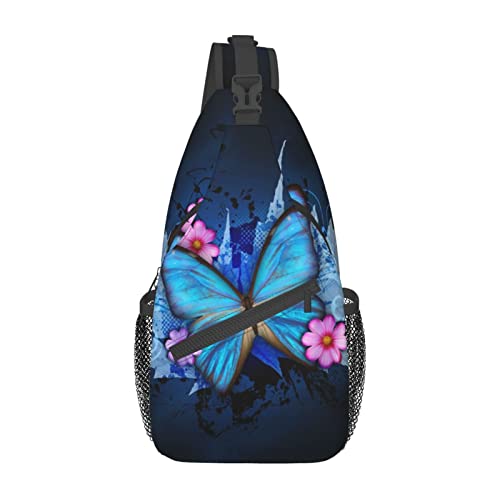 Blauer Schmetterling, Umhängetasche, Umhängetasche, blauer Schmetterling mit rosa Blumen auf schwarzem Hintergrund, Brusttasche mit ästhetischem Kunstdruck, niedlicher Insektendruck, Reise- und Wander von DJNGN