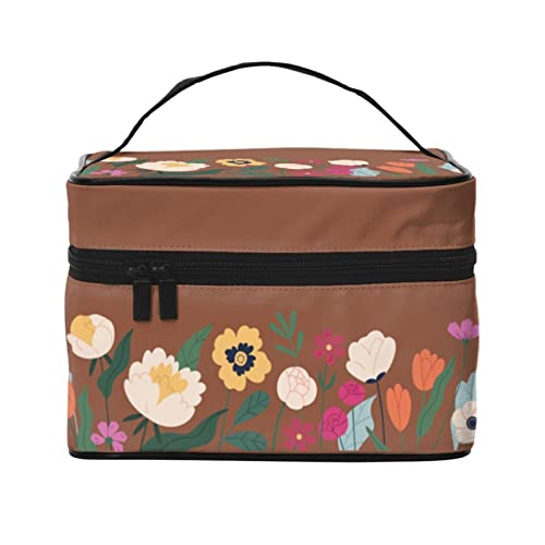 Reise-Kosmetiktasche mit Blumenmotiv, für Damen und Mädchen, groß, Make-up-Organizer, tragbar, für Reisen, Braun von DJNGN