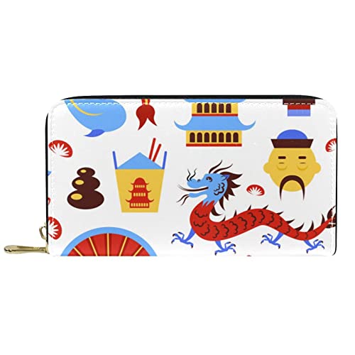 Brieftasche Leder Leder Reißverschluss Lange Geldbörse Chinesischer Drache von DJNGN