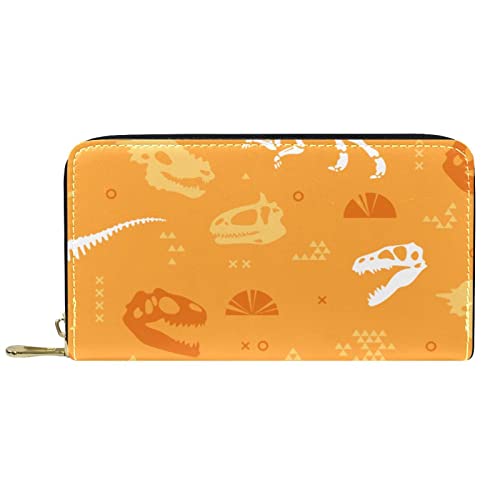 Brieftasche Leder Leder Reißverschluss Lange Geldbörse Dinosaurier Fossil Orange von DJNGN