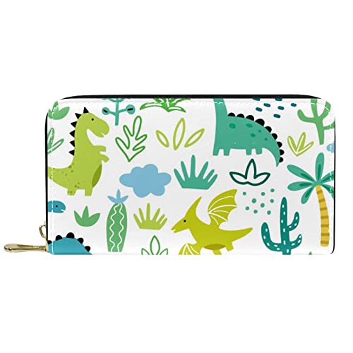 Brieftasche Leder Leder Reißverschluss Lange Geldbörse Doodle Dinosaurier Baum Pflanzenmuster von DJNGN