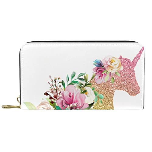 DJNGN Brieftasche Leder Leder Reißverschluss Lange Geldbörse Einhorn Rose Blumen von DJNGN