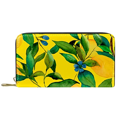DJNGN Brieftasche Leder Leder Reißverschluss Lange Geldbörse Gelb Frucht Zitronengrün Blatt Blau Blumen von DJNGN