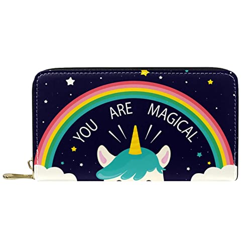 Brieftasche Leder Leder Reißverschluss Lange Geldbörse Lustiges Einhorn Kuh Regenbogen Du bist magisch von DJNGN
