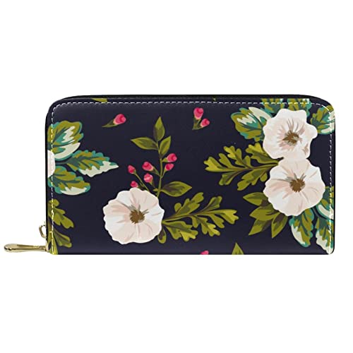 DJNGN Brieftasche Leder Leder Reißverschluss Lange Geldbörse Weiß Gemalte Blumen Marineblauer Hintergrund von DJNGN