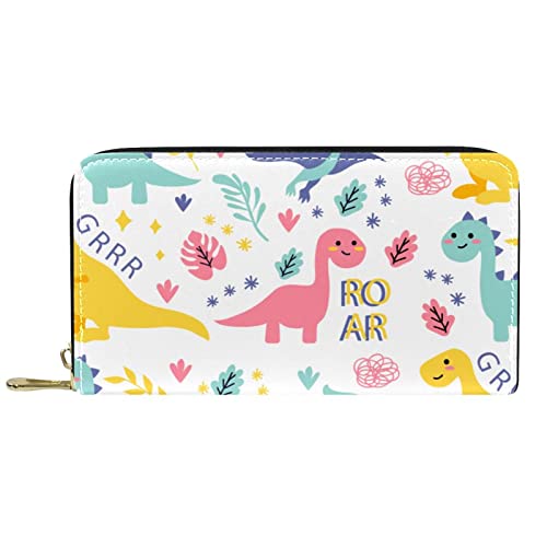 DJNGN Brieftasche aus Leder mit Reißverschluss, Lange Geldbörse, buntes, handgezeichnetes Dinosaurier-Muster von DJNGN