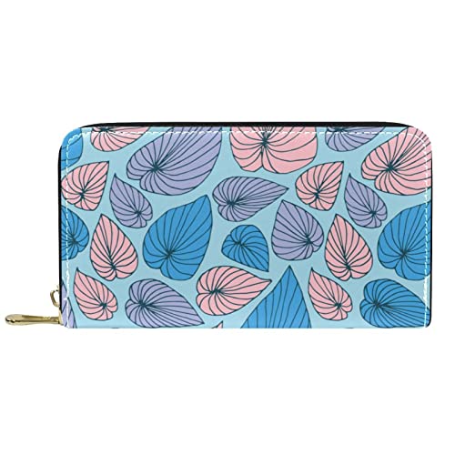Brieftasche für Damen, Clutch, Geldbörsen für Damen, Kartenhalter, Organizer, Leder, Reißverschluss, Blau, Rosa, Blättermuster von DJNGN