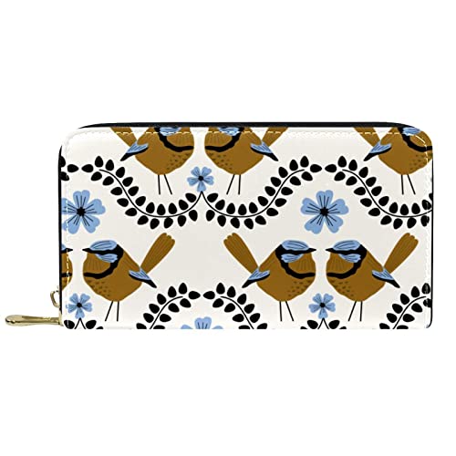 Brieftasche für Damen, Clutch, Geldbörsen für Damen, Kartenhalter, Organizer, Leder, Reißverschluss, Blau, Zaunkönig, Wiederholungsmuster von DJNGN