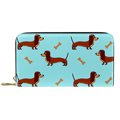 Brieftasche für Damen, Clutch, Geldbörsen für Damen, Kartenhalter, Organizer, Leder, Reißverschluss, Braun, Dackel, Hund, Blau von DJNGN