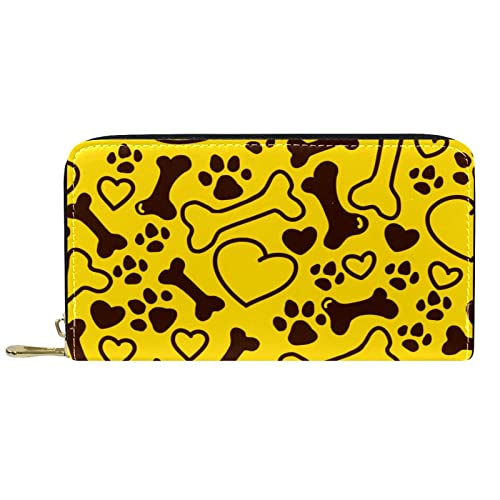 Brieftasche für Damen, Clutch, Geldbörsen für Damen, Kartenhalter, Organizer, Leder, Reißverschluss, Gelb, Hunde, Knochenpfote, Liebesmuster von DJNGN
