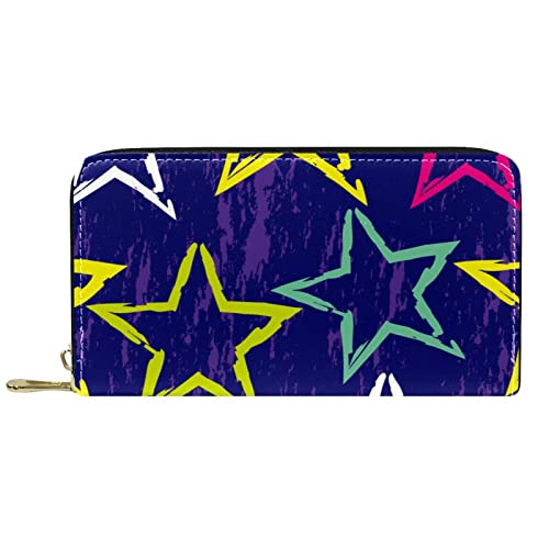 Brieftasche für Damen, Clutch, Geldbörsen für Damen, Kartenhalter, Organizer, Leder, Reißverschluss, Gelb, Weiß, Rosy, Stern, Königsblau von DJNGN