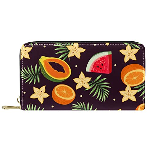 Brieftasche für Damen, Clutch, Geldbörsen für Damen, Kartenhalter, Organizer, Leder, Reißverschluss, Geldbörse, Früchte, Dunkles Farbmuster von DJNGN