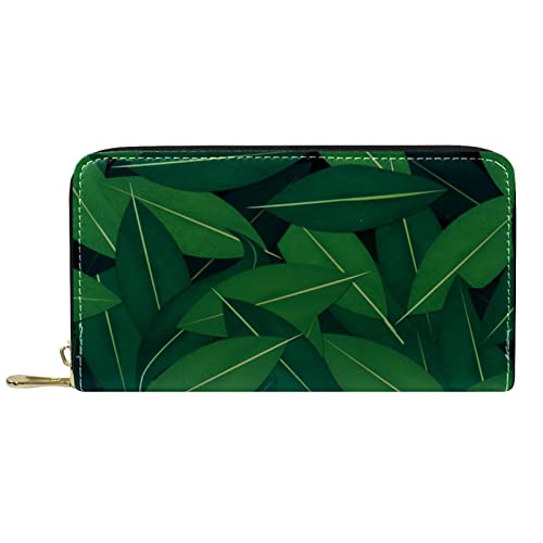 Brieftasche für Damen, Clutch, Geldbörsen für Damen, Kartenhalter, Organizer, Leder, Reißverschluss, Geldbörse mit grünen Blättern von DJNGN