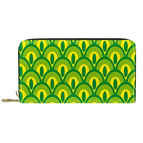 Brieftasche für Damen, Clutch, Geldbörsen für Damen, Kartenhalter, Organizer, Leder, Reißverschluss, Grün, Pfauenschwanzmuster von DJNGN