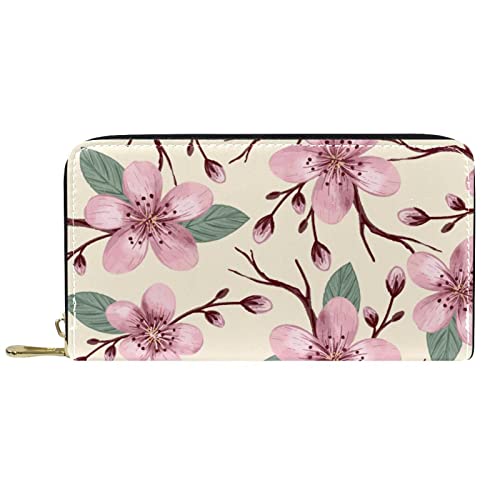 Brieftasche für Damen, Clutch, Geldbörsen für Damen, Kartenhalter, Organizer, Leder, Reißverschluss, Kirschblüte, rosa Blumenmuster von DJNGN