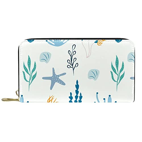 Brieftasche für Damen, Clutch, Geldbörsen für Damen, Kartenhalter, Organizer, Leder, Reißverschluss, Koralle, Meerestiere von DJNGN