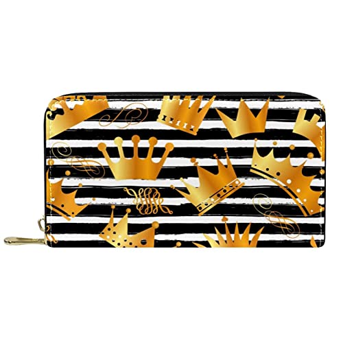 Brieftasche für Damen, Clutch, Geldbörsen für Damen, Kartenhalter, Organizer, Leder, Reißverschluss, Krone, Streifen von DJNGN