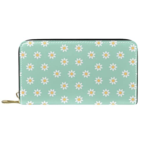 Brieftasche für Damen, Clutch, Geldbörsen für Damen, Kartenhalter, Organizer, Leder, Reißverschluss, Mintgrünes Gänseblümchenmuster von DJNGN