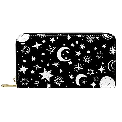 Brieftasche für Damen, Clutch, Geldbörsen für Damen, Kartenhalter, Organizer, Leder, Reißverschluss, Monde, Sterne, Schwarz, weißer Hintergrund von DJNGN