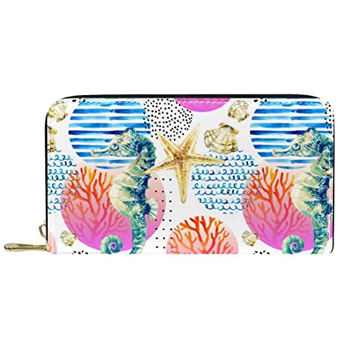 Brieftasche für Damen, Clutch, Geldbörsen für Damen, Kartenhalter, Organizer, Leder, Reißverschluss, Seepferdchenmuster von DJNGN