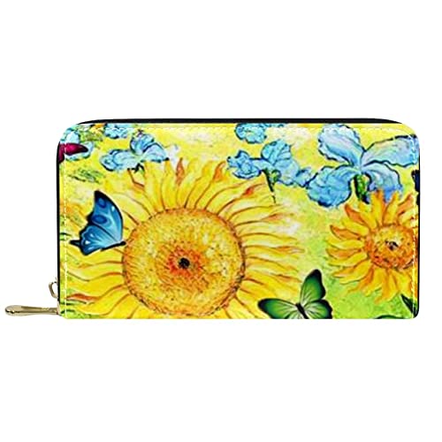 Brieftasche für Damen, Clutch, Geldbörsen für Damen, Kartenhalter, Organizer, Leder, Reißverschluss, Sonnenblume von DJNGN