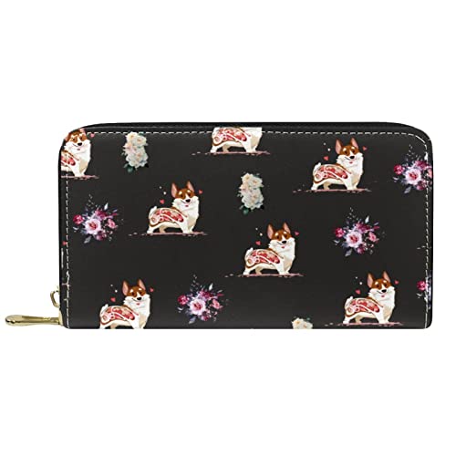 Brieftasche für Damen, Clutch, Geldbörsen für Damen, Kartenhalter, Organizer, Leder, Reißverschluss, Tier, Hunde, Corgi-Blumen von DJNGN