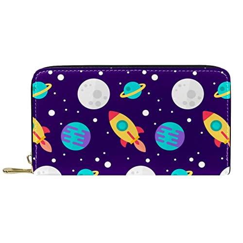 Brieftasche für Damen, Clutch, Geldbörsen für Damen, Kartenhalter, Organizer, Leder, Reißverschluss, Weltraum, Raketen, Planeten, Muster von DJNGN