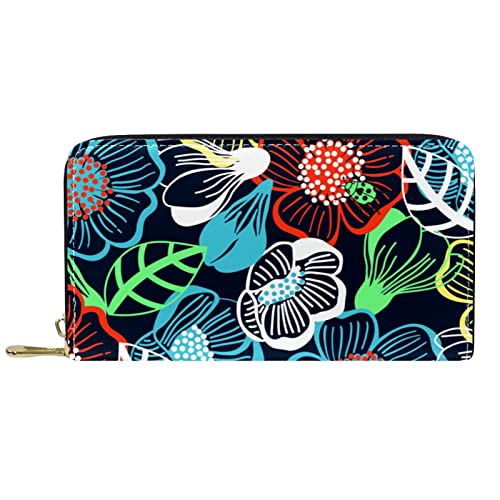 Brieftasche für Damen, Clutch, Geldbörsen für Damen, Kartenhalter, Organizer, Leder, Reißverschluss, auffällig, bunt, großes Blumenmuster von DJNGN