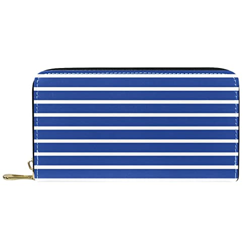Brieftasche für Damen, Clutch, Geldbörsen für Damen, Kartenhalter, Organizer, Leder, Reißverschluss, blaues Streifenmuster von DJNGN