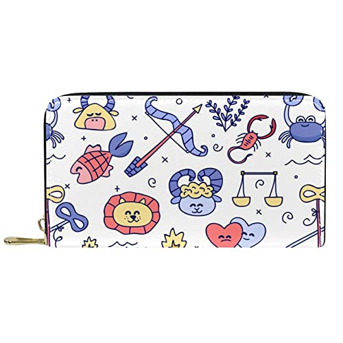 Brieftasche für Damen, Clutch, Geldbörsen für Damen, Kartenhalter, Organizer, Leder, Reißverschluss, buntes Tierkreismuster von DJNGN